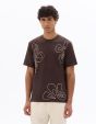 T-shirt boxy col rond 100% coton broderies fleurs - marron