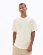 T-shirt boxy col rond 100% coton broderies fleurs - blanc