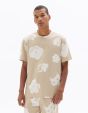 T-shirt boxy col rond 100% coton imprimé floral - taupe clair