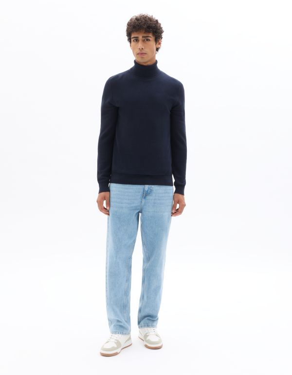 Pull piqué col roulé 100% coton - marine