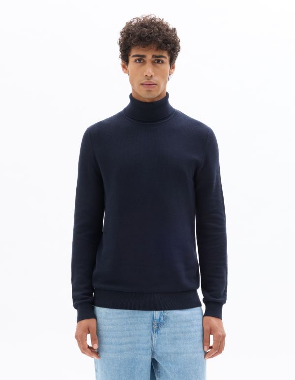 Pull piqué col roulé 100% coton - marine