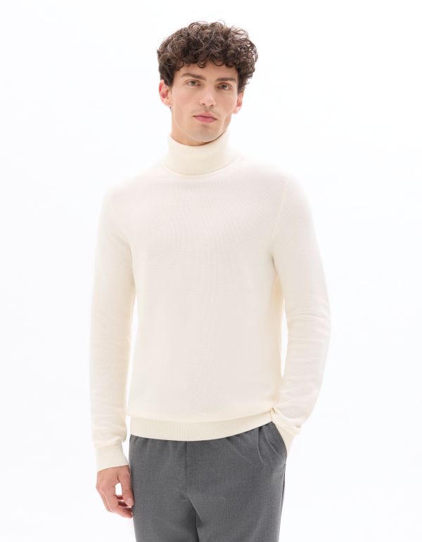 Pull piqué col roulé 100% coton - écru