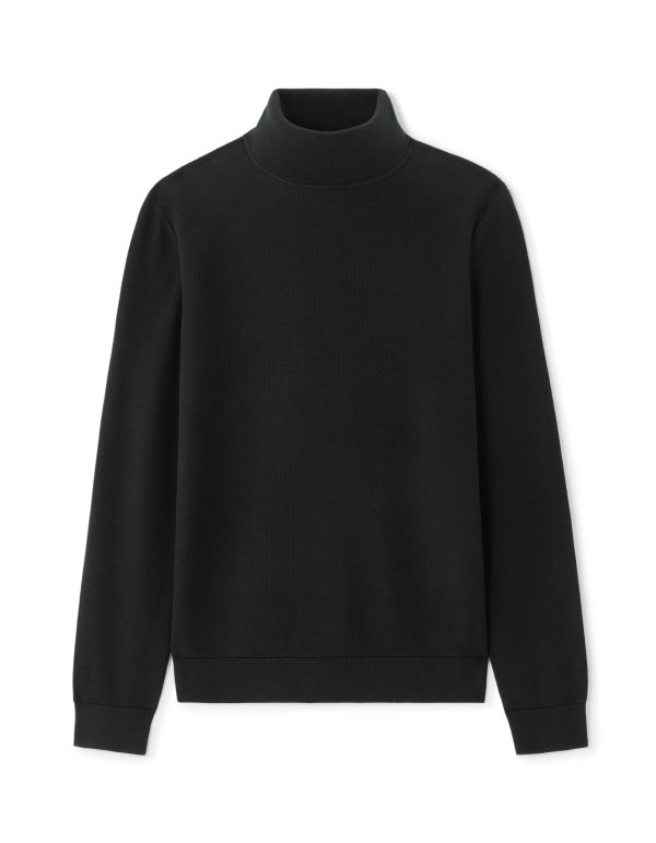 Pull piqué col roulé 100% coton - noir