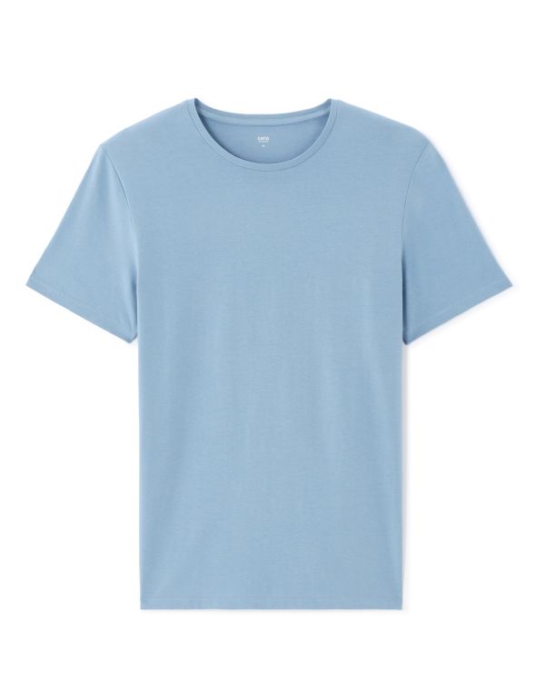 T-shirt slim col rond en coton stretch - bleu délavé