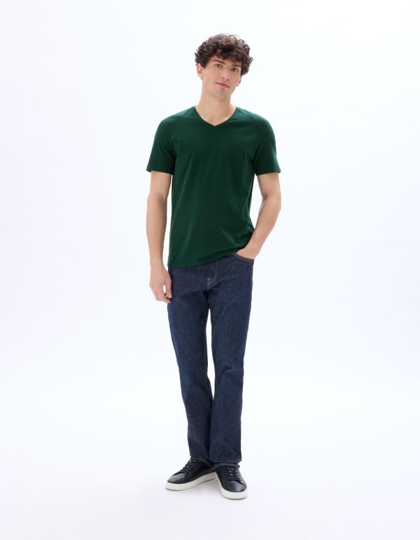 T-shirt slim col V en coton stretch - vert foncé