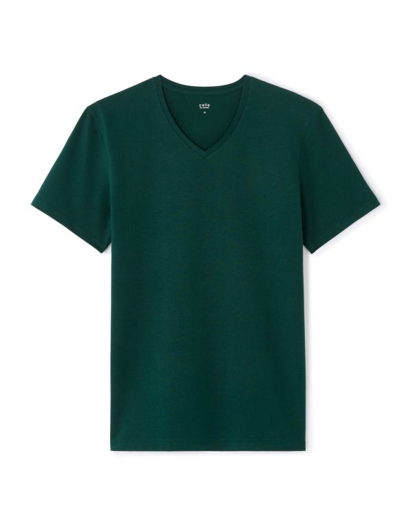 T-shirt slim col V en coton stretch - vert foncé