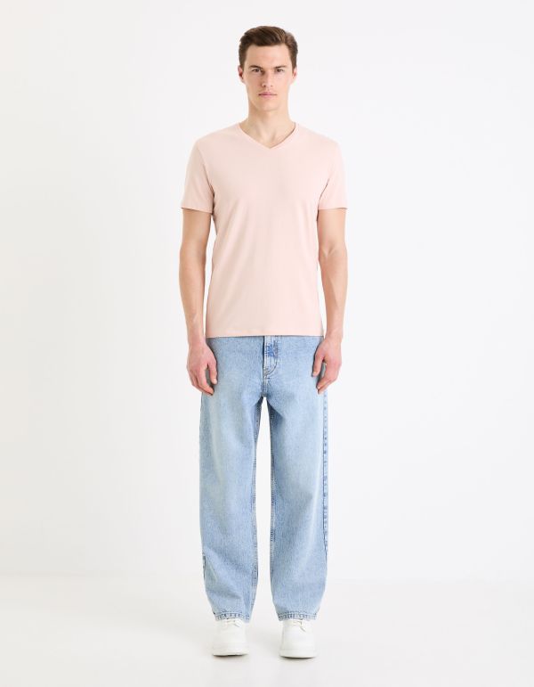 T-shirt col V slim stretch - rose clair
