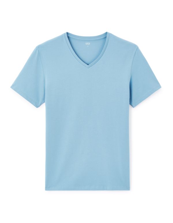 T-shirt slim col v en coton stretch - bleu