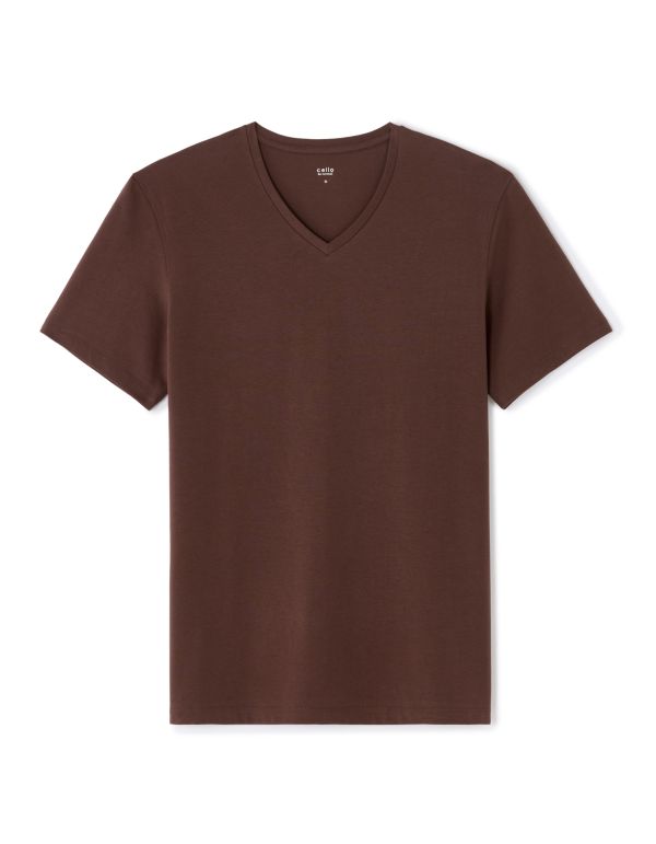 T-shirt slim col V en coton stretch - bordeaux