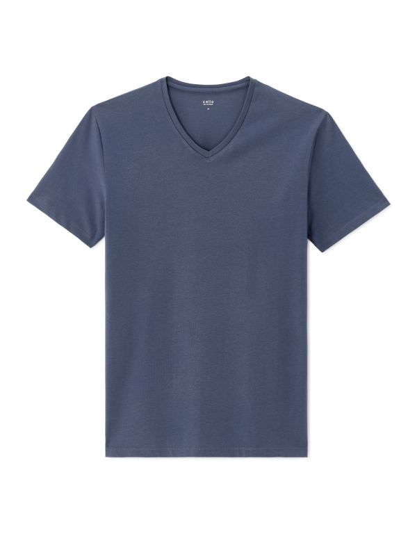 T-shirt slim col V en coton stretch - bleu gris