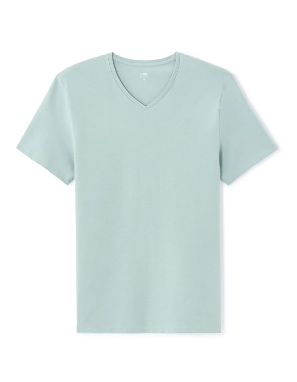 T-Shirt slim col V en coton stretch - bleu