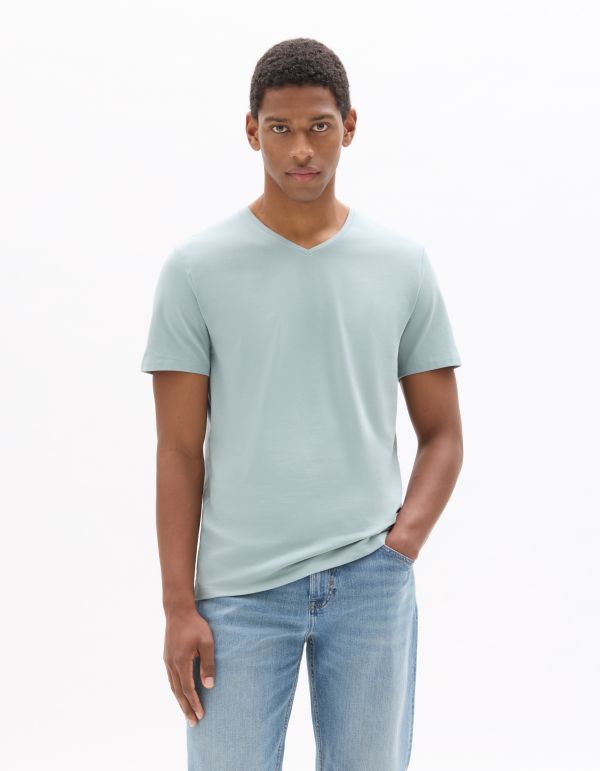 T-Shirt slim col V en coton stretch - bleu