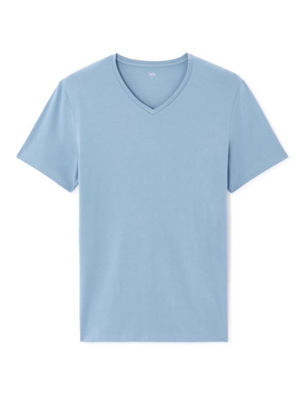 T-Shirt slim col V en coton stretch - bleu délavé