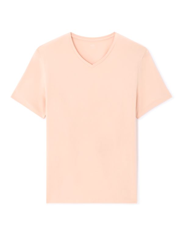 T-Shirt slim col V en coton stretch - rose