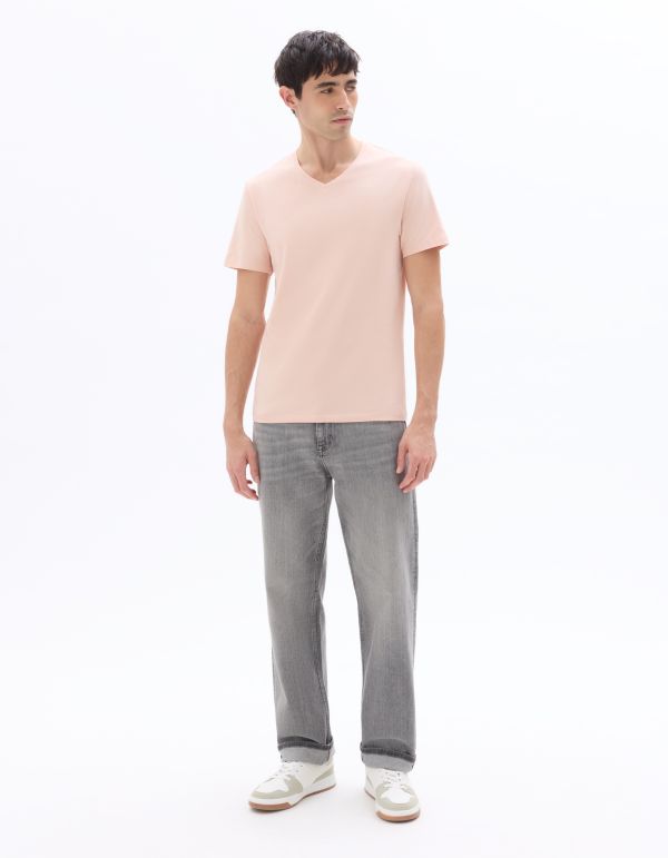 T-Shirt slim col V en coton stretch - rose