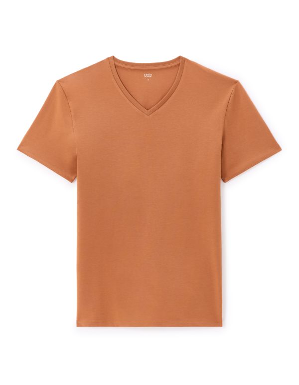 T-shirt slim col V en coton stretch - noisette