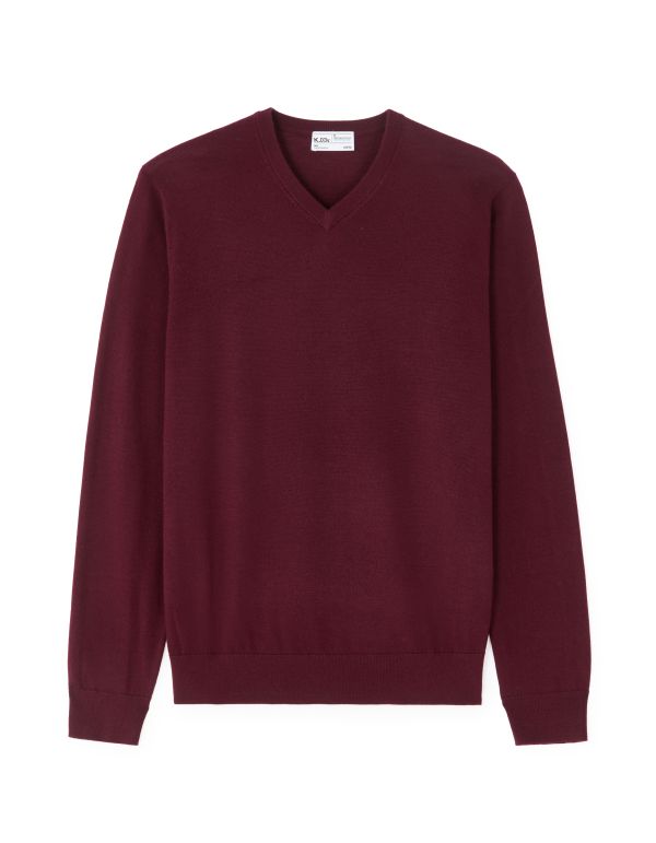 Pull col V 100% laine mérinos - rouge foncé
