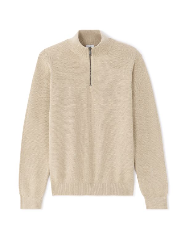 Pull col camionneur zippé slim 100% coton - beige
