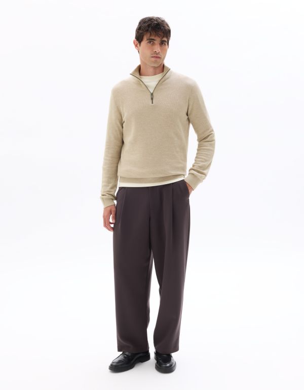 Pull col camionneur zippé slim 100% coton - beige