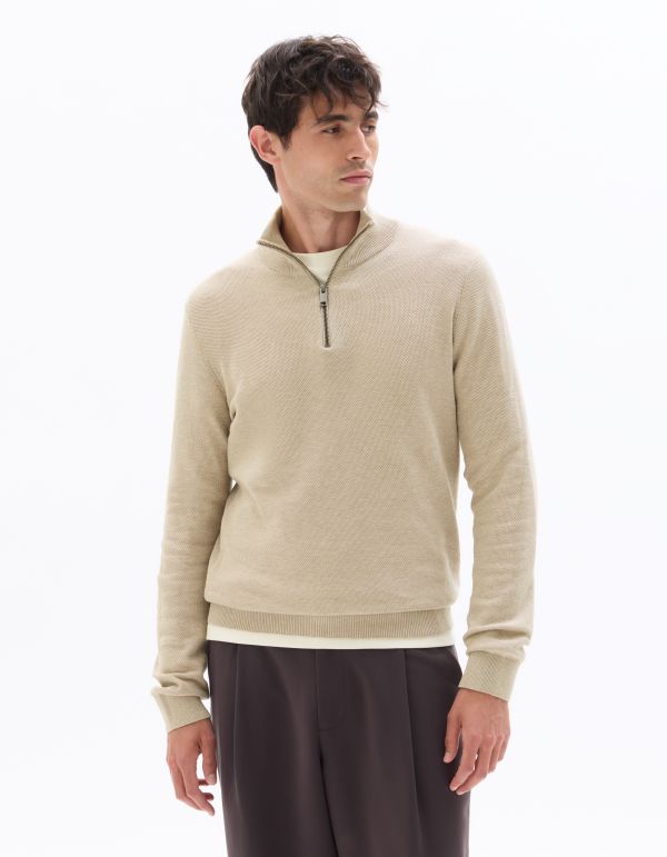 Pull col camionneur zippé slim 100% coton - beige