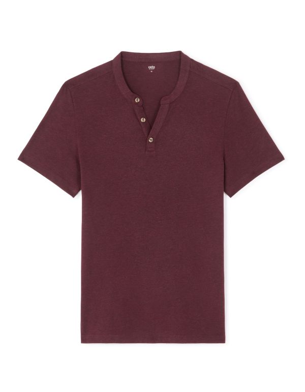 T-Shirt regular col tunisien coton mélangé à effet de matière - bordeaux