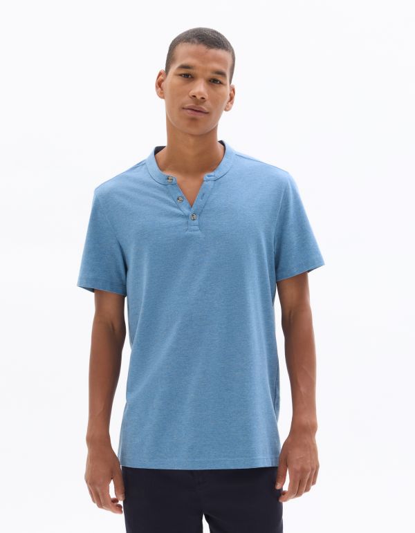 T-shirt regular col tunisien coton mélangé - bleu