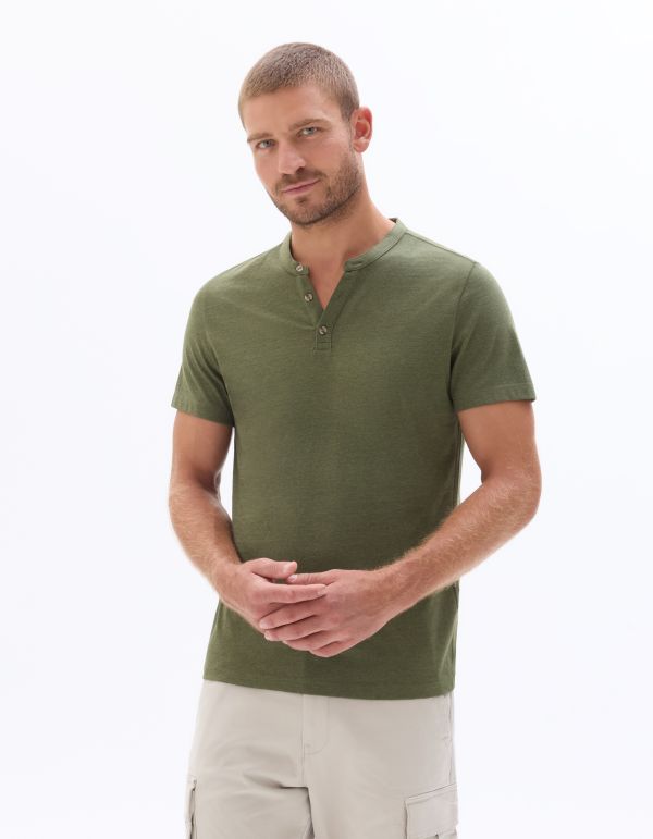 T-Shirt regular col tunisien coton mélangé - vert