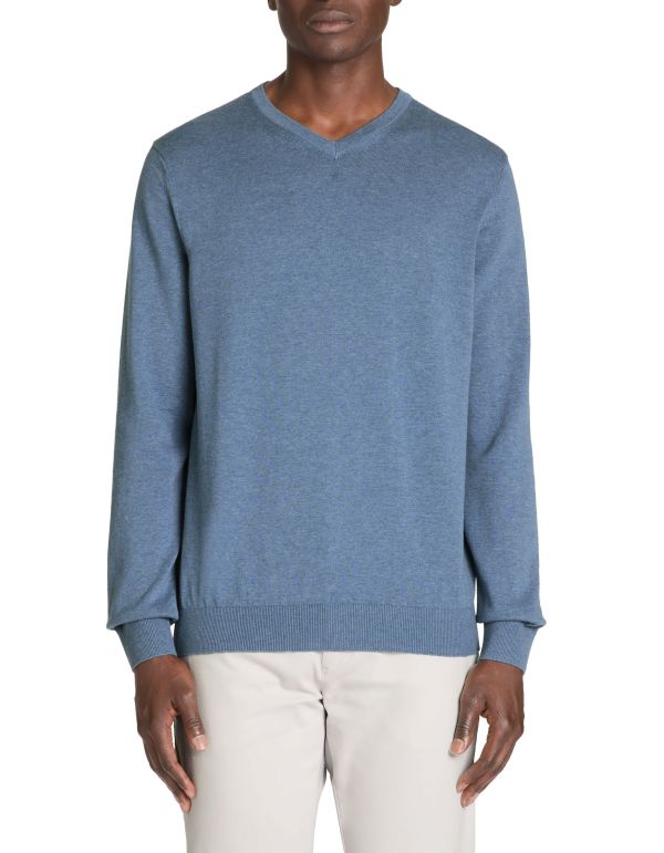Pull col v 100% coton - bleu