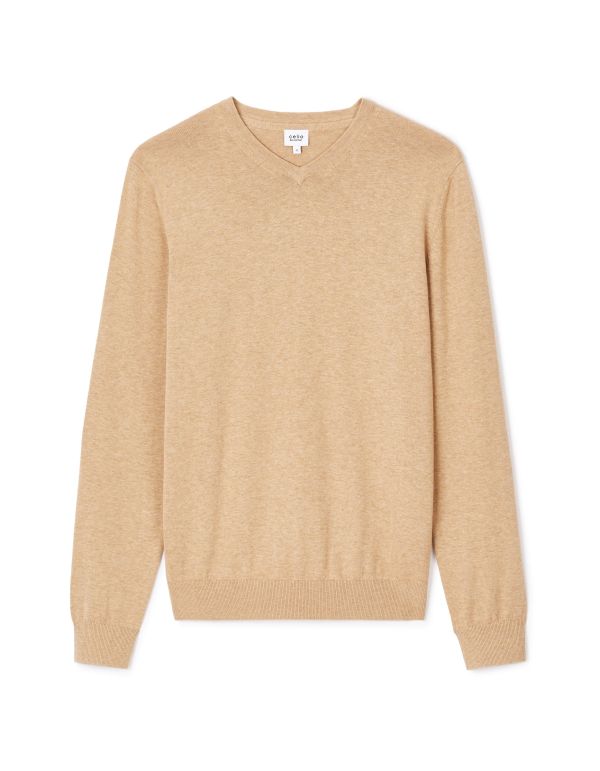 Pull col v 100% coton - beige