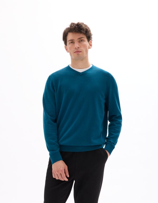 Pull col V 100% coton - bleu foncé