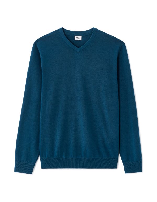 Pull col V 100% coton - bleu foncé