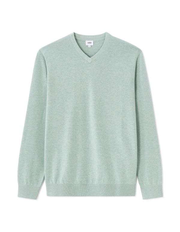 Pull col V 100% coton -bleu vert