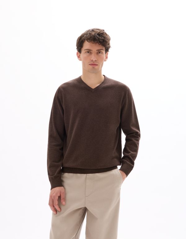 Pull col V 100% coton -marron foncé