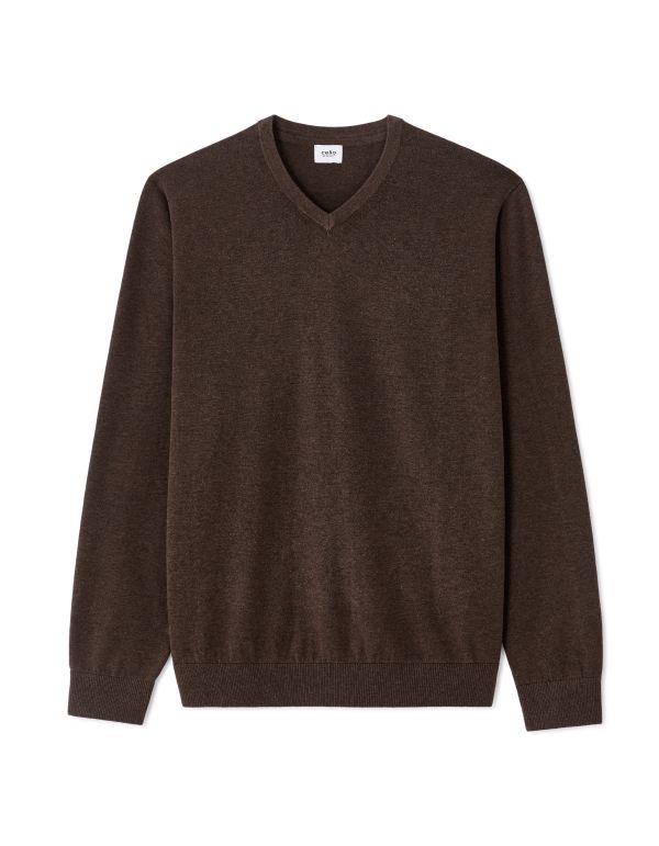 Pull col V 100% coton -marron foncé