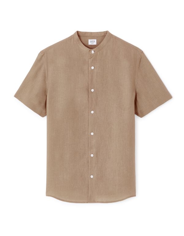 Chemisette regular col mao 100% lin - marron
