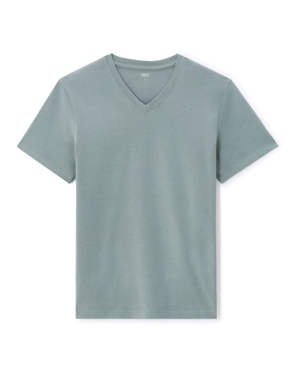 T-shirt straight col v 100% coton - vert de gris