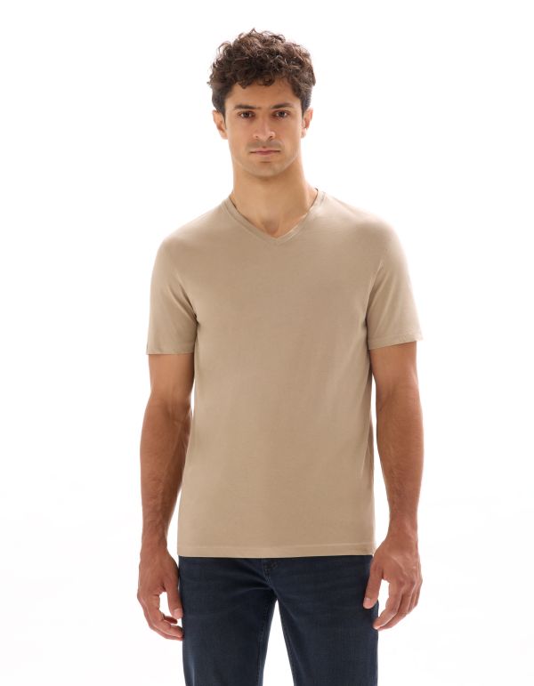 T-shirt regular col V 100% coton - beige foncé