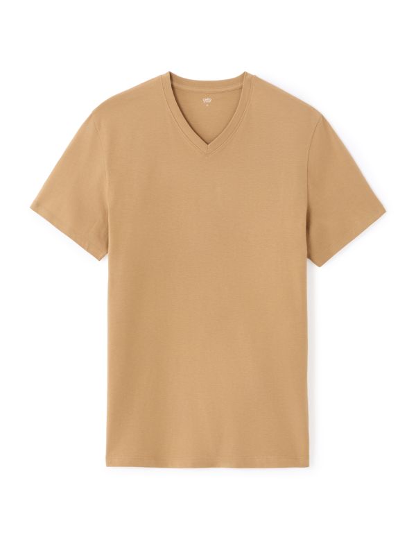 T-shirt regular col V 100% coton - beige clair