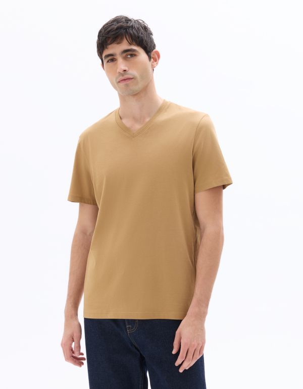 T-shirt regular col V 100% coton - beige clair