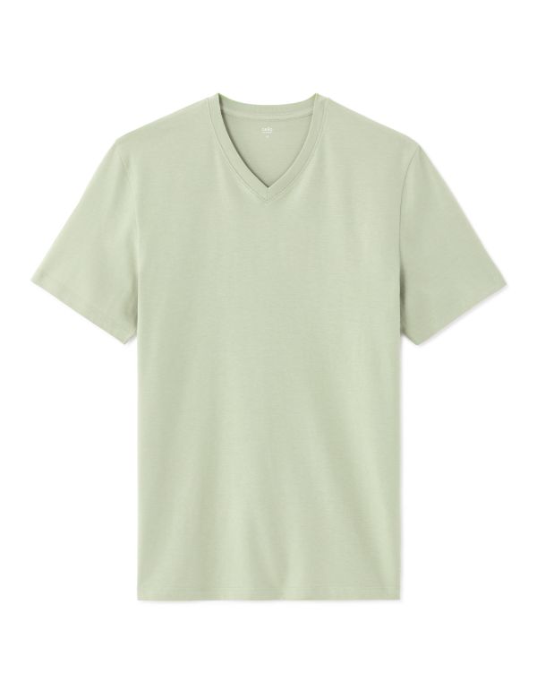 T-shirt regular col V 100% coton - vert clair