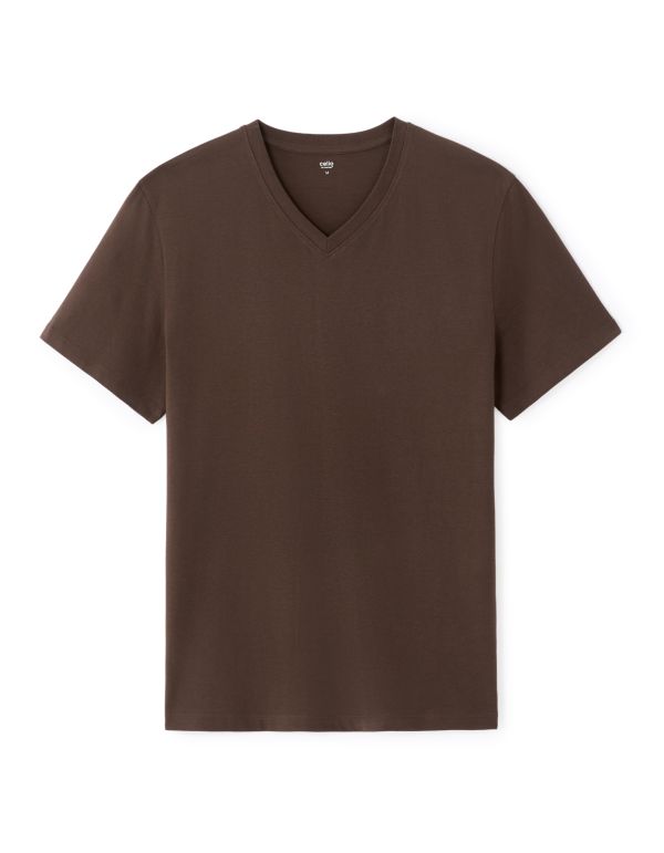 T-shirt regular col V 100% coton - marron