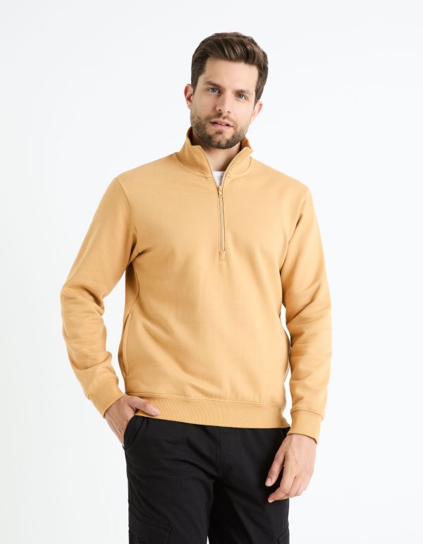 Sweat col zippé coton mélangé - beige