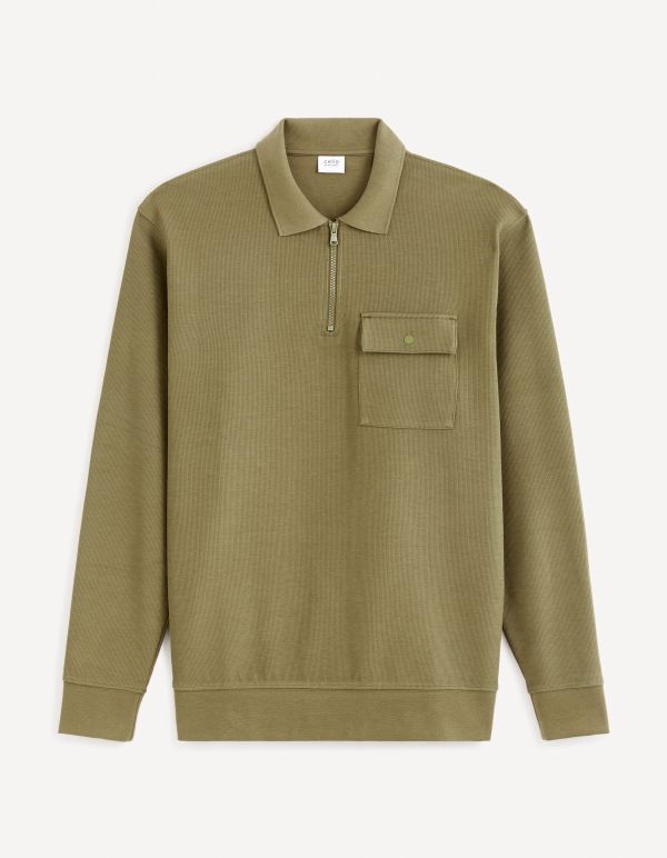 Sweat col zippé 100% coton - kaki