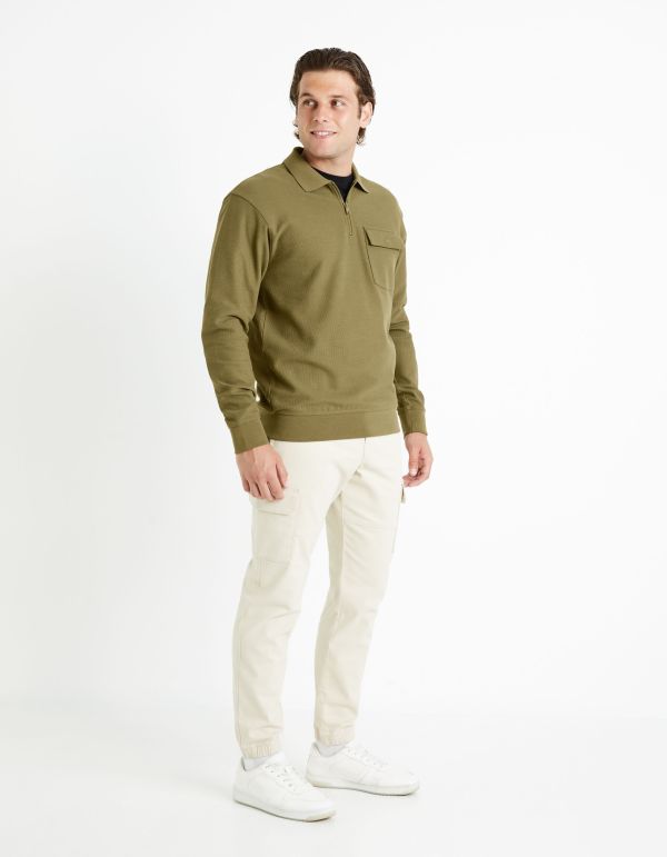 Sweat col zippé 100% coton - kaki
