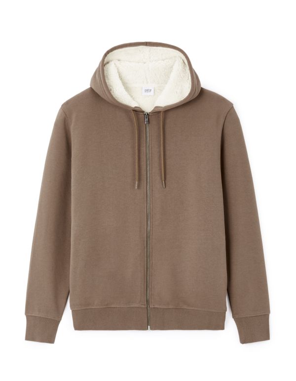 Sweat zippé à capuche coton mélangé - taupe
