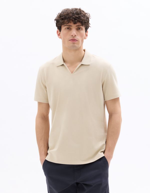 Polo regular col cubain en coton mélangé - beige