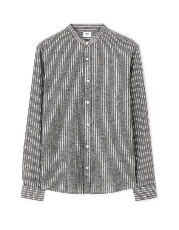 Chemise regular rayé col mao en lin et coton - noir