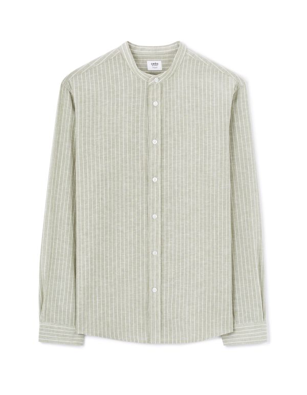 Chemise regular rayé col mao en lin coton - sauge