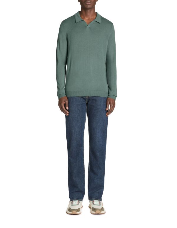 Polo slim laine mélangée manches longues - vert