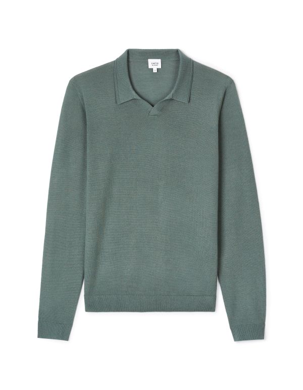 Polo slim laine mélangée manches longues - vert